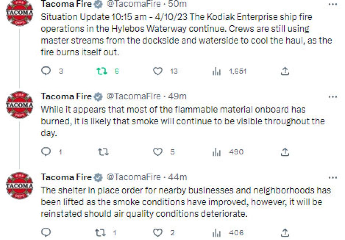 Twitter update on vessel fire from Tacoma Fire Department